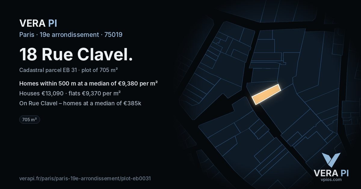 18 Rue Clavel, 19e arrondissement at night – the plot lit, the parcels around coloured by the prices near them