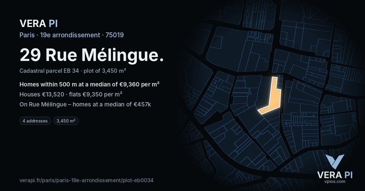 29 Rue Mélingue, 19e arrondissement at night – the plot lit, the parcels around coloured by the prices near them