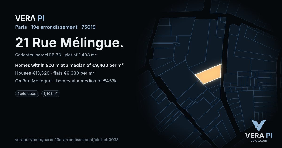 21 Rue Mélingue, 19e arrondissement at night – the plot lit, the parcels around coloured by the prices near them