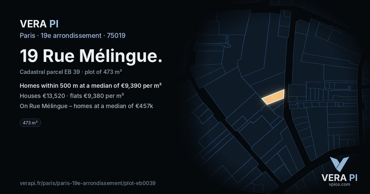 19 Rue Mélingue, 19e arrondissement at night – the plot lit, the parcels around coloured by the prices near them