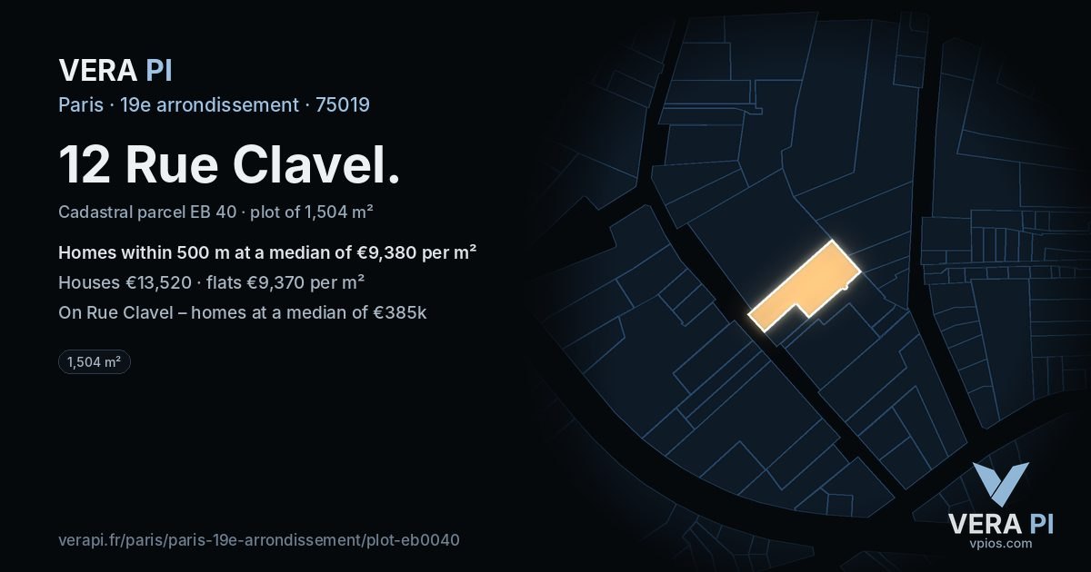 12 Rue Clavel, 19e arrondissement at night – the plot lit, the parcels around coloured by the prices near them