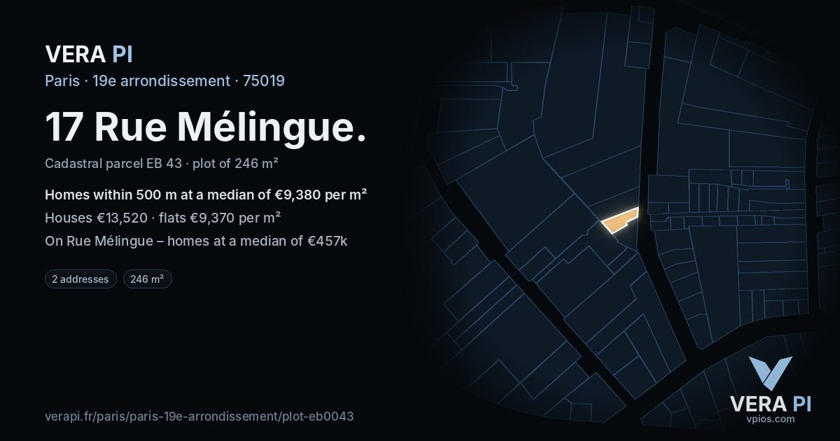 17 Rue Mélingue, 19e arrondissement at night – the plot lit, the parcels around coloured by the prices near them