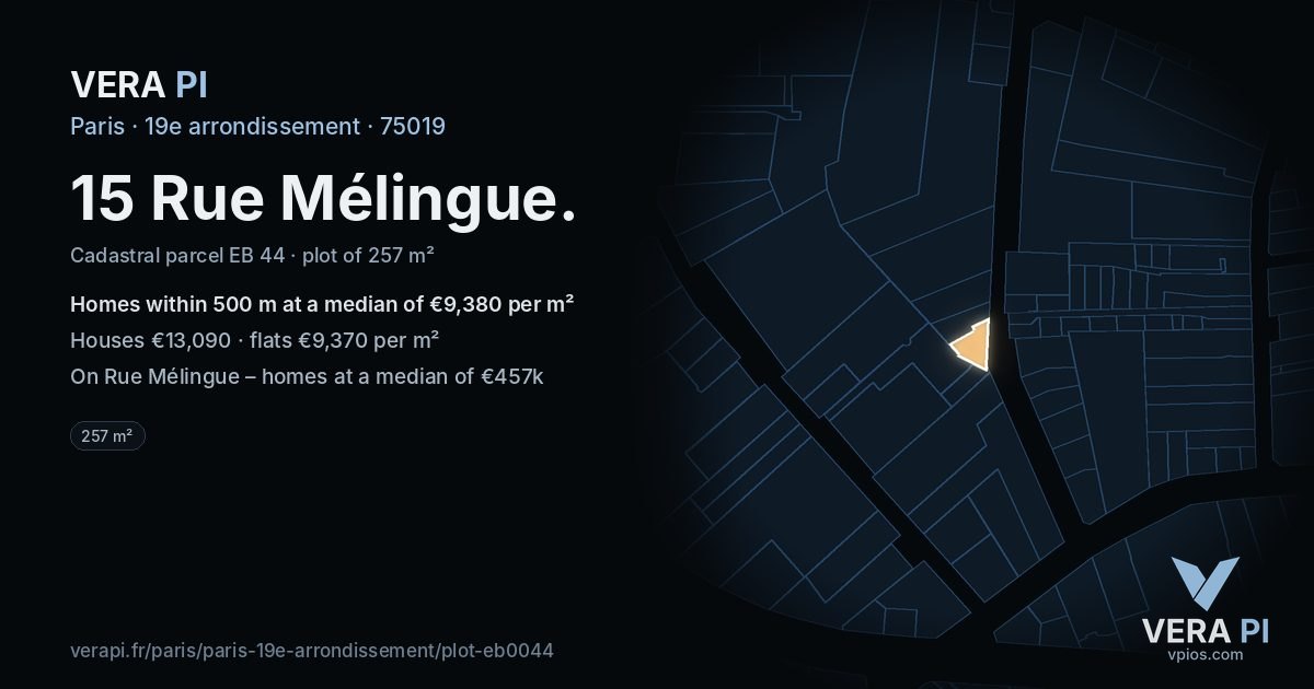 15 Rue Mélingue, 19e arrondissement at night – the plot lit, the parcels around coloured by the prices near them