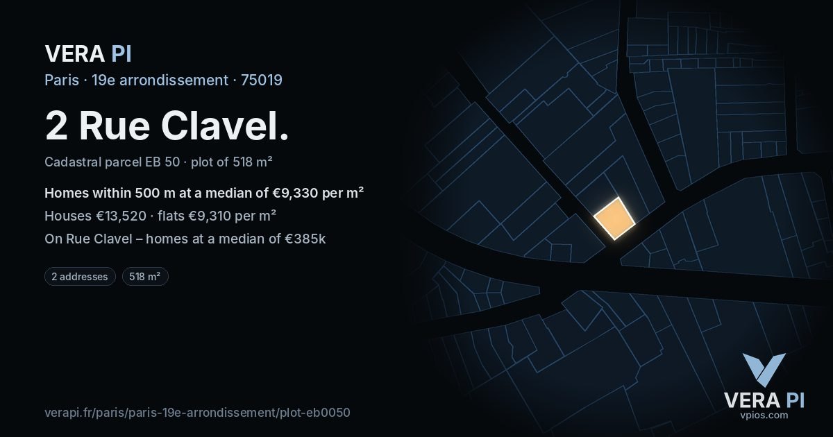 2 Rue Clavel, 19e arrondissement at night – the plot lit, the parcels around coloured by the prices near them
