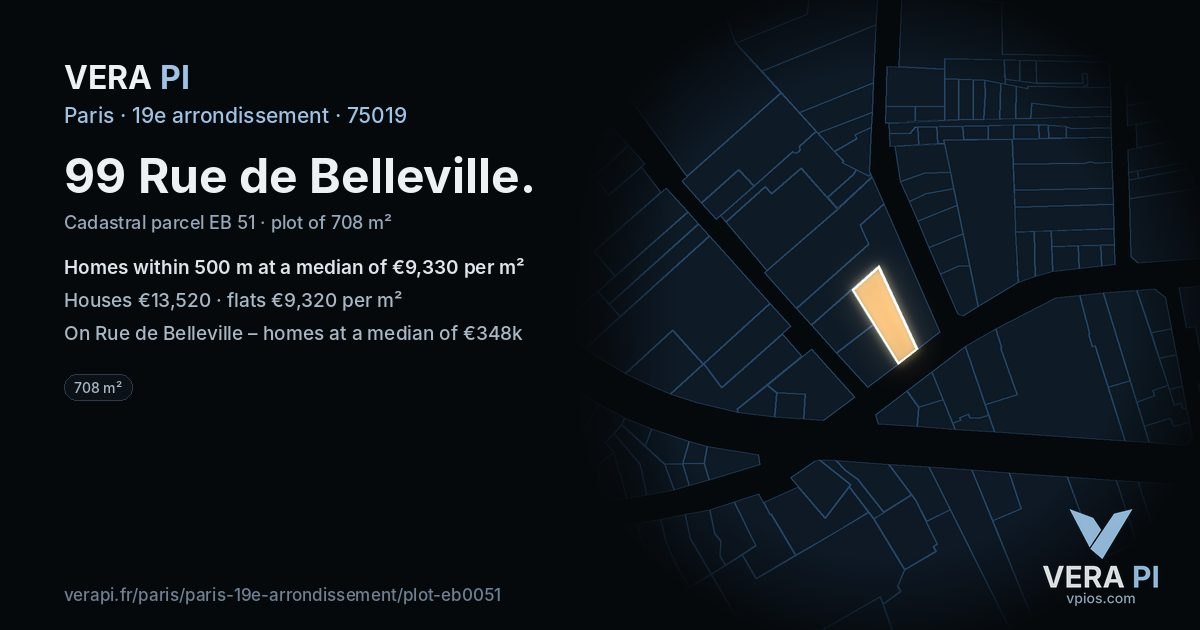 99 Rue de Belleville, 19e arrondissement at night – the plot lit, the parcels around coloured by the prices near them