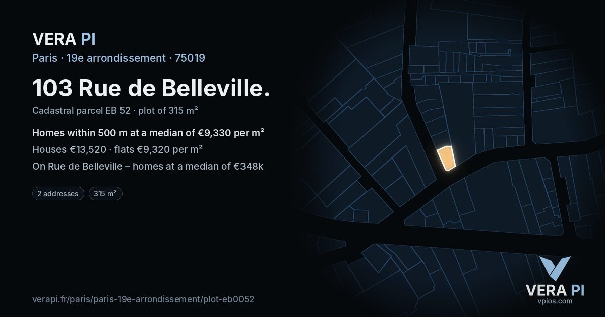 103 Rue de Belleville, 19e arrondissement at night – the plot lit, the parcels around coloured by the prices near them