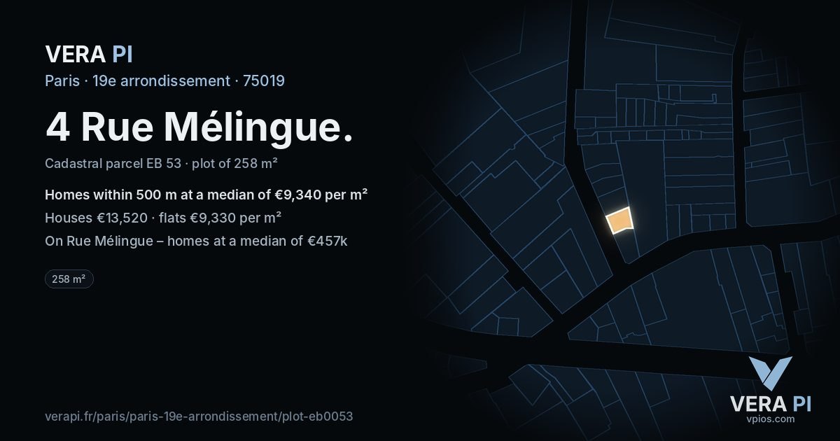 4 Rue Mélingue, 19e arrondissement at night – the plot lit, the parcels around coloured by the prices near them