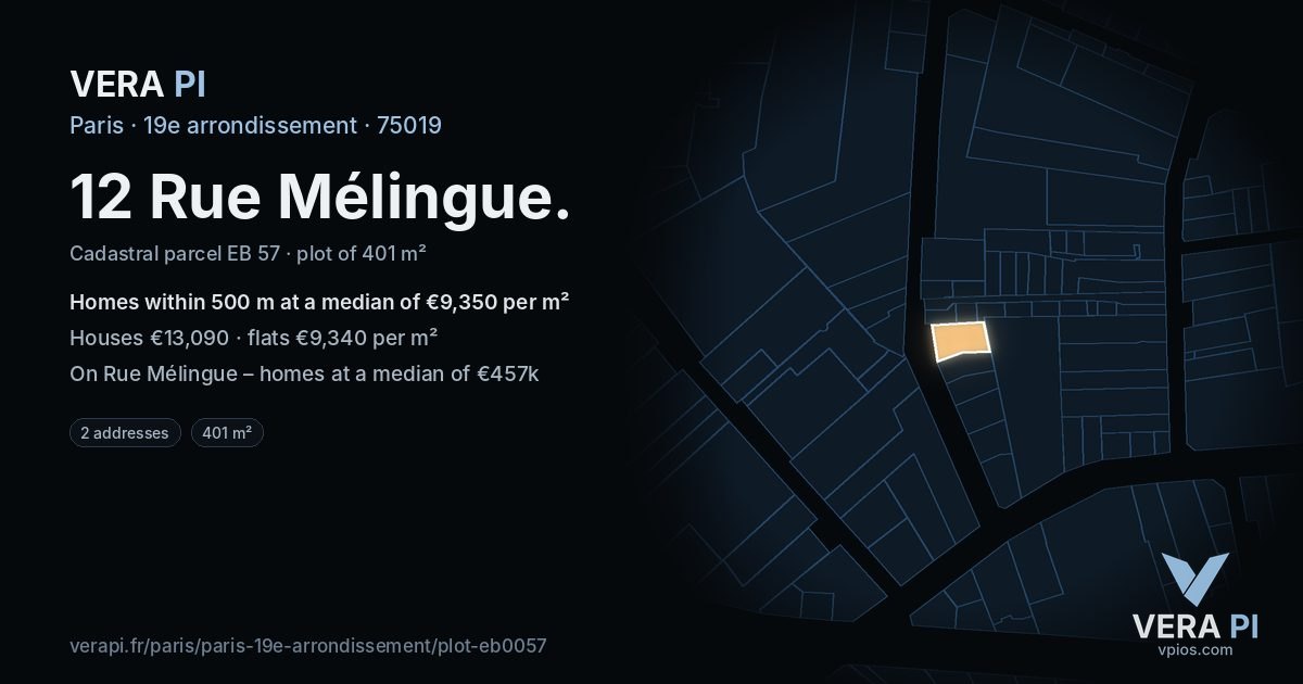 12 Rue Mélingue, 19e arrondissement at night – the plot lit, the parcels around coloured by the prices near them