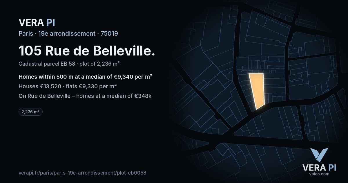 105 Rue de Belleville, 19e arrondissement at night – the plot lit, the parcels around coloured by the prices near them