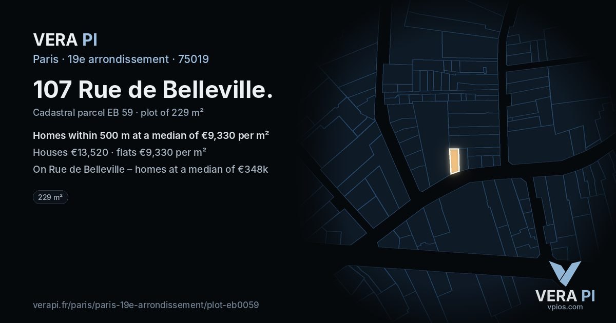 107 Rue de Belleville, 19e arrondissement at night – the plot lit, the parcels around coloured by the prices near them