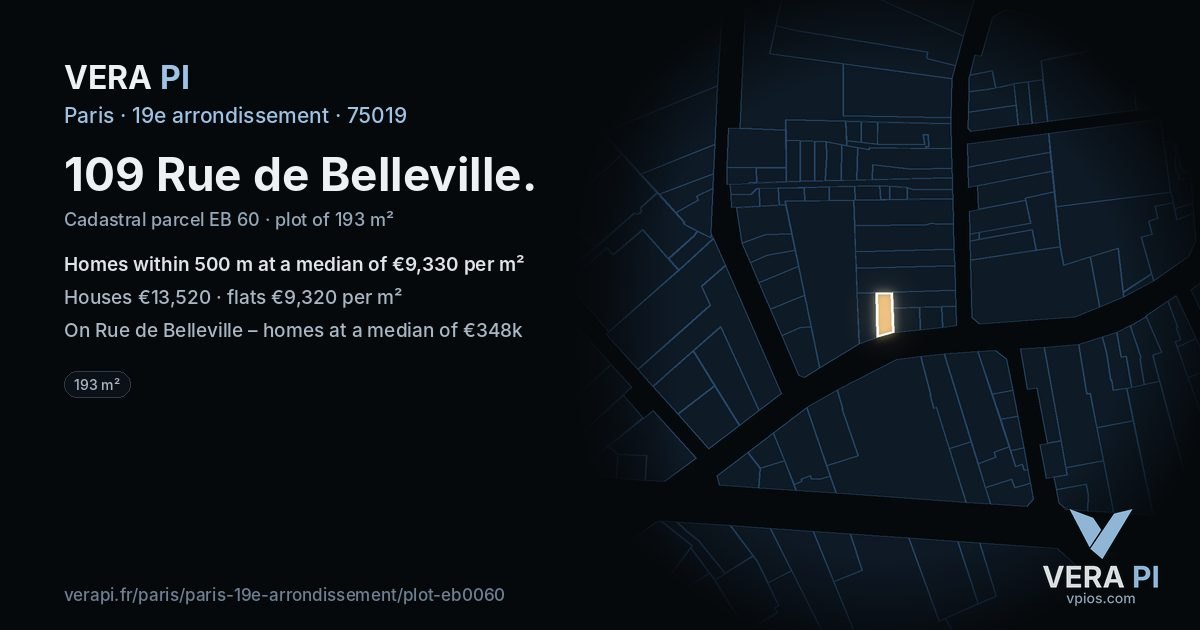 109 Rue de Belleville, 19e arrondissement at night – the plot lit, the parcels around coloured by the prices near them