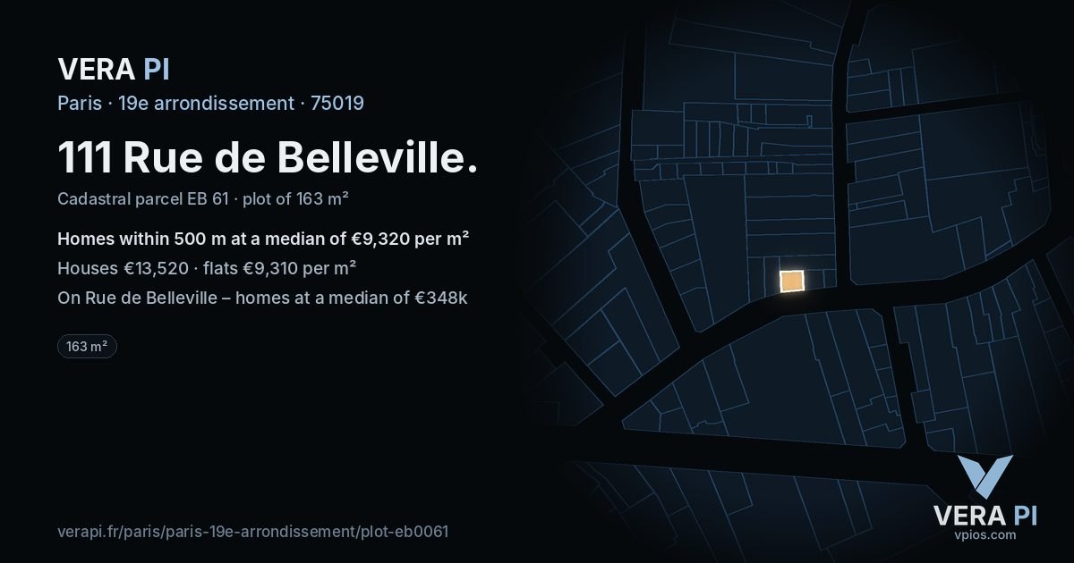 111 Rue de Belleville, 19e arrondissement at night – the plot lit, the parcels around coloured by the prices near them