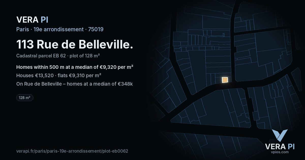 113 Rue de Belleville, 19e arrondissement at night – the plot lit, the parcels around coloured by the prices near them
