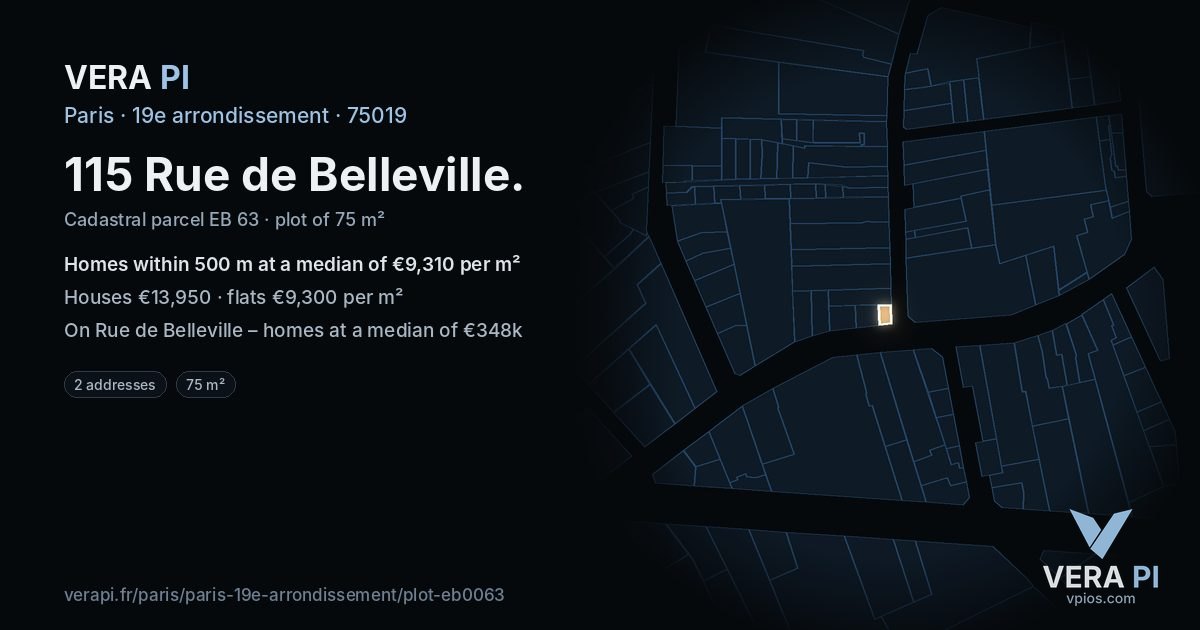 115 Rue de Belleville, 19e arrondissement at night – the plot lit, the parcels around coloured by the prices near them