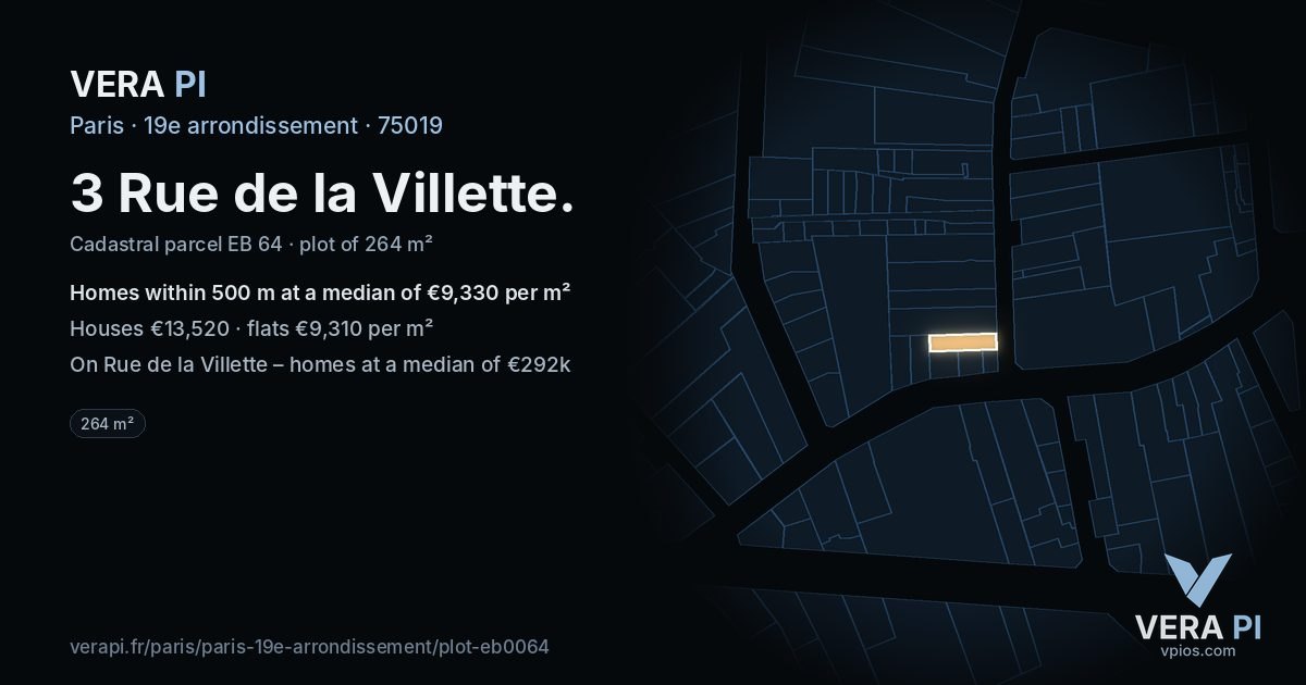 3 Rue de la Villette, 19e arrondissement at night – the plot lit, the parcels around coloured by the prices near them