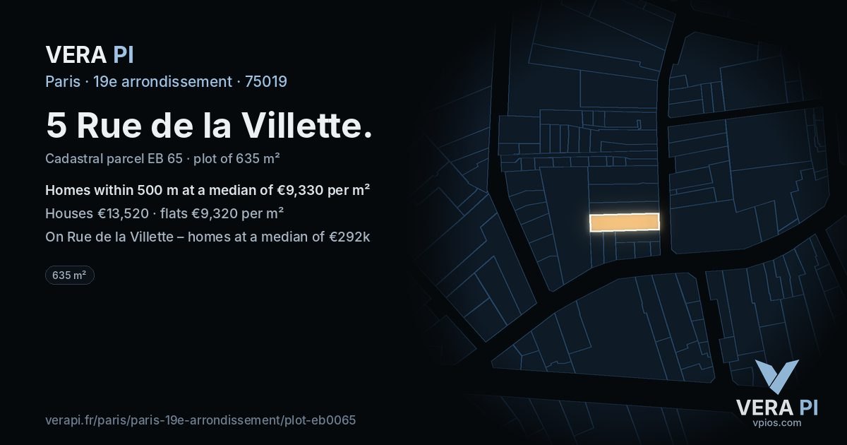 5 Rue de la Villette, 19e arrondissement at night – the plot lit, the parcels around coloured by the prices near them