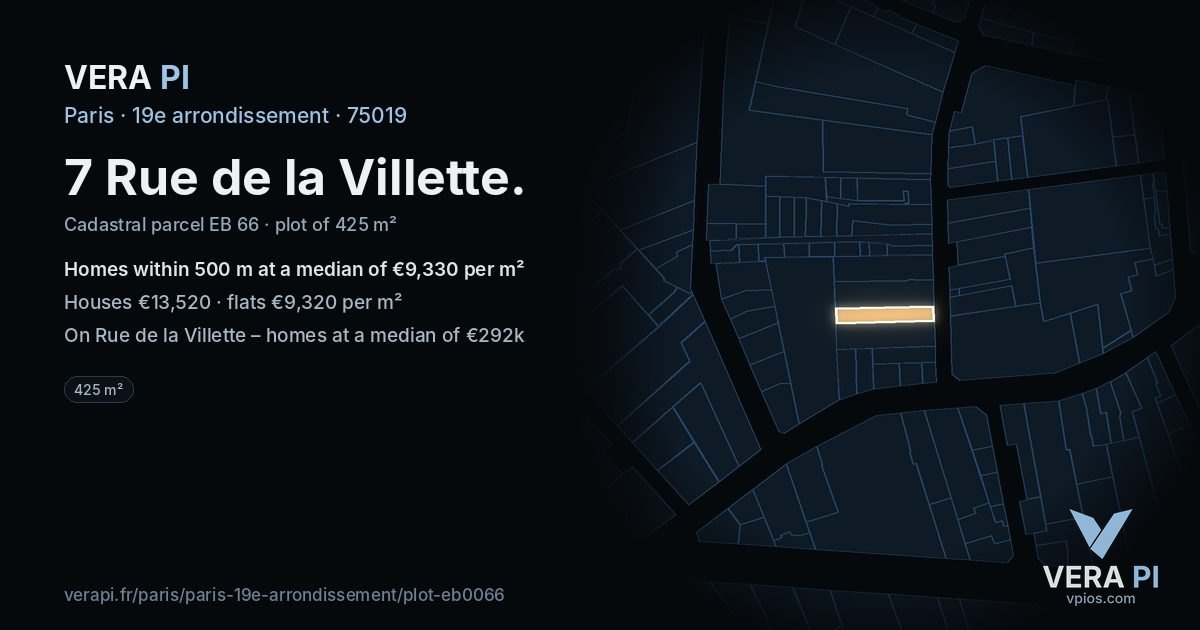 7 Rue de la Villette, 19e arrondissement at night – the plot lit, the parcels around coloured by the prices near them