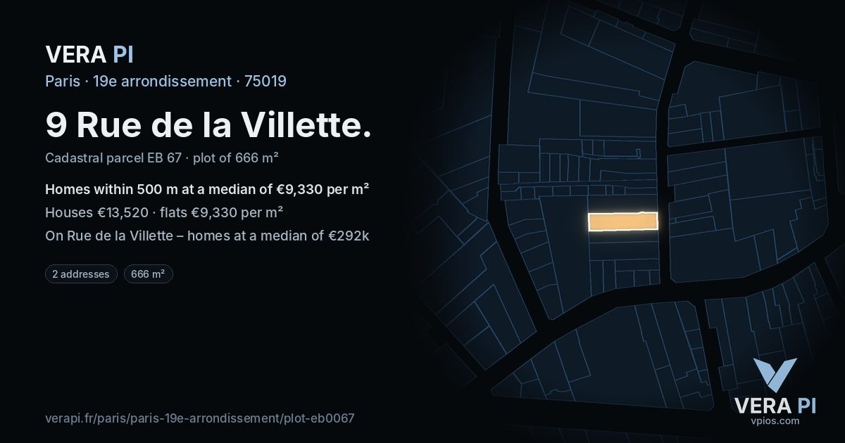 9 Rue de la Villette, 19e arrondissement at night – the plot lit, the parcels around coloured by the prices near them