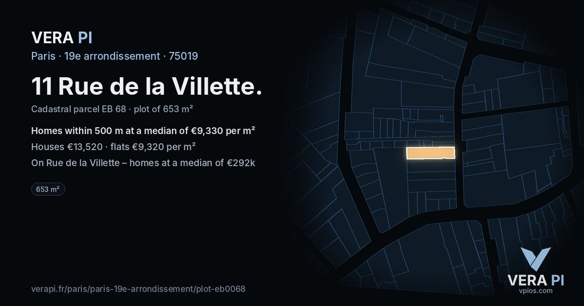 11 Rue de la Villette, 19e arrondissement at night – the plot lit, the parcels around coloured by the prices near them