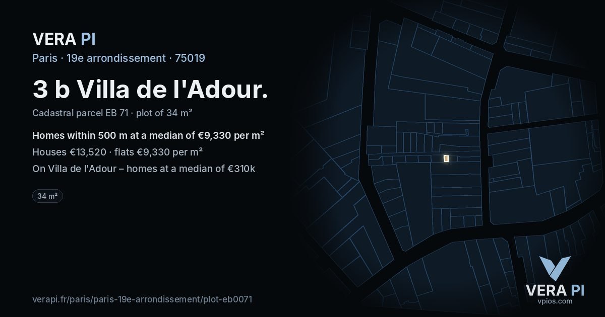 3 b Villa de l'Adour, 19e arrondissement at night – the plot lit, the parcels around coloured by the prices near them
