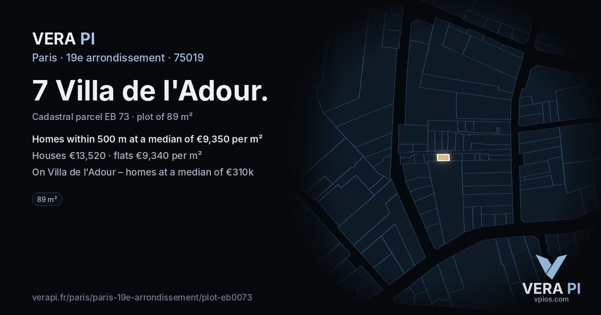 7 Villa de l'Adour, 19e arrondissement at night – the plot lit, the parcels around coloured by the prices near them