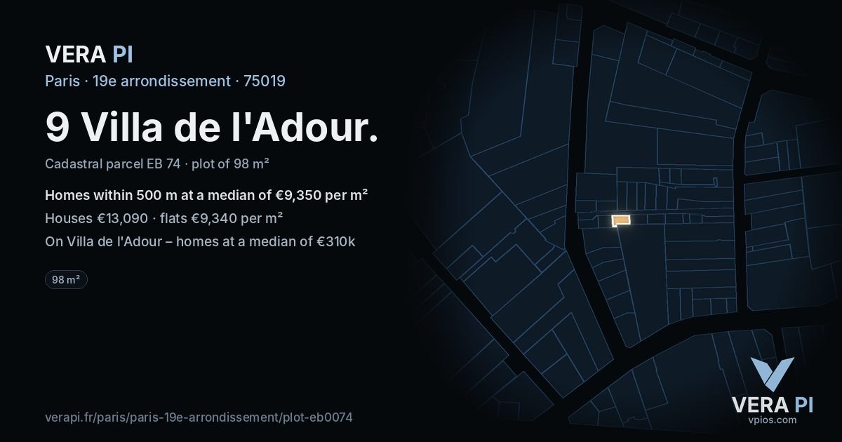 9 Villa de l'Adour, 19e arrondissement at night – the plot lit, the parcels around coloured by the prices near them