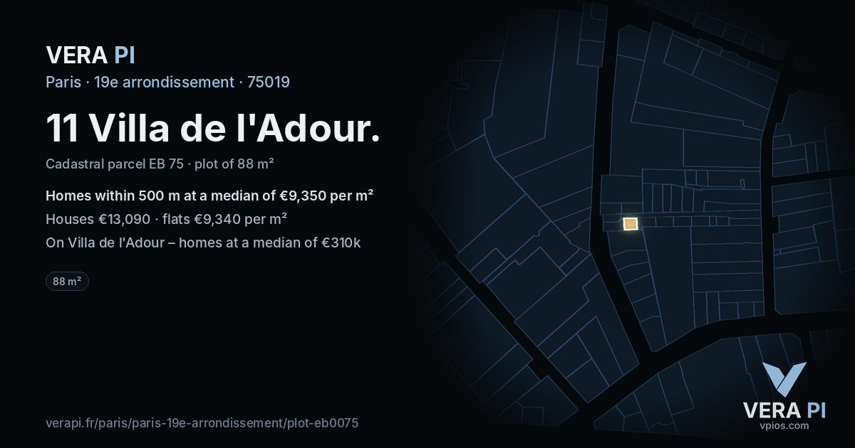 11 Villa de l'Adour, 19e arrondissement at night – the plot lit, the parcels around coloured by the prices near them