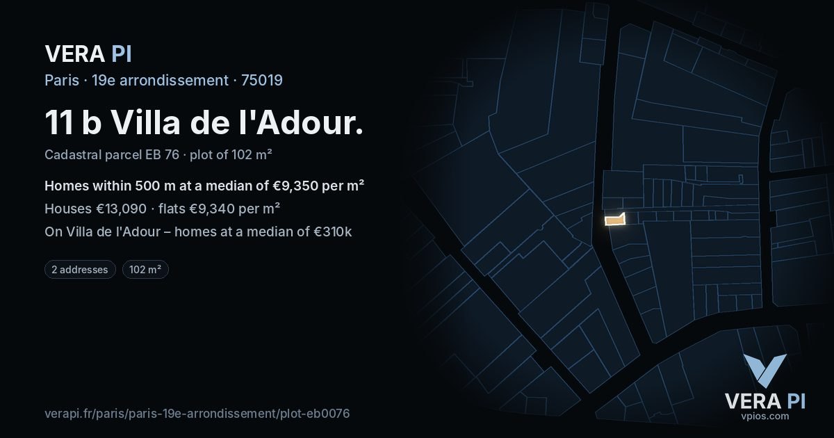 11 b Villa de l'Adour, 19e arrondissement at night – the plot lit, the parcels around coloured by the prices near them
