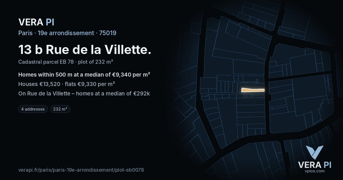 13 b Rue de la Villette, 19e arrondissement at night – the plot lit, the parcels around coloured by the prices near them