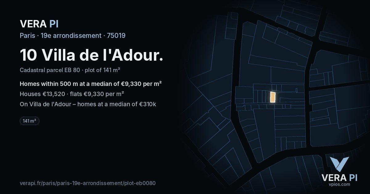 10 Villa de l'Adour, 19e arrondissement at night – the plot lit, the parcels around coloured by the prices near them