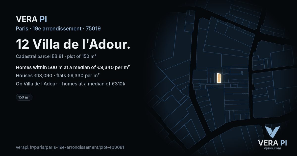 12 Villa de l'Adour, 19e arrondissement at night – the plot lit, the parcels around coloured by the prices near them