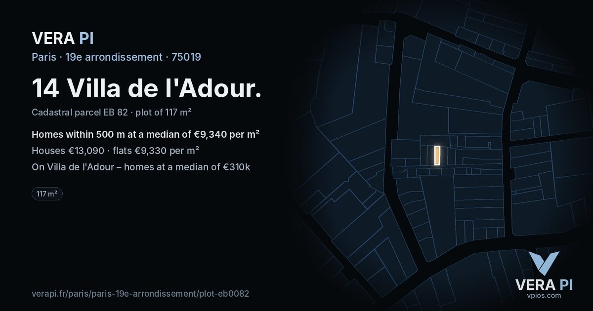 14 Villa de l'Adour, 19e arrondissement at night – the plot lit, the parcels around coloured by the prices near them
