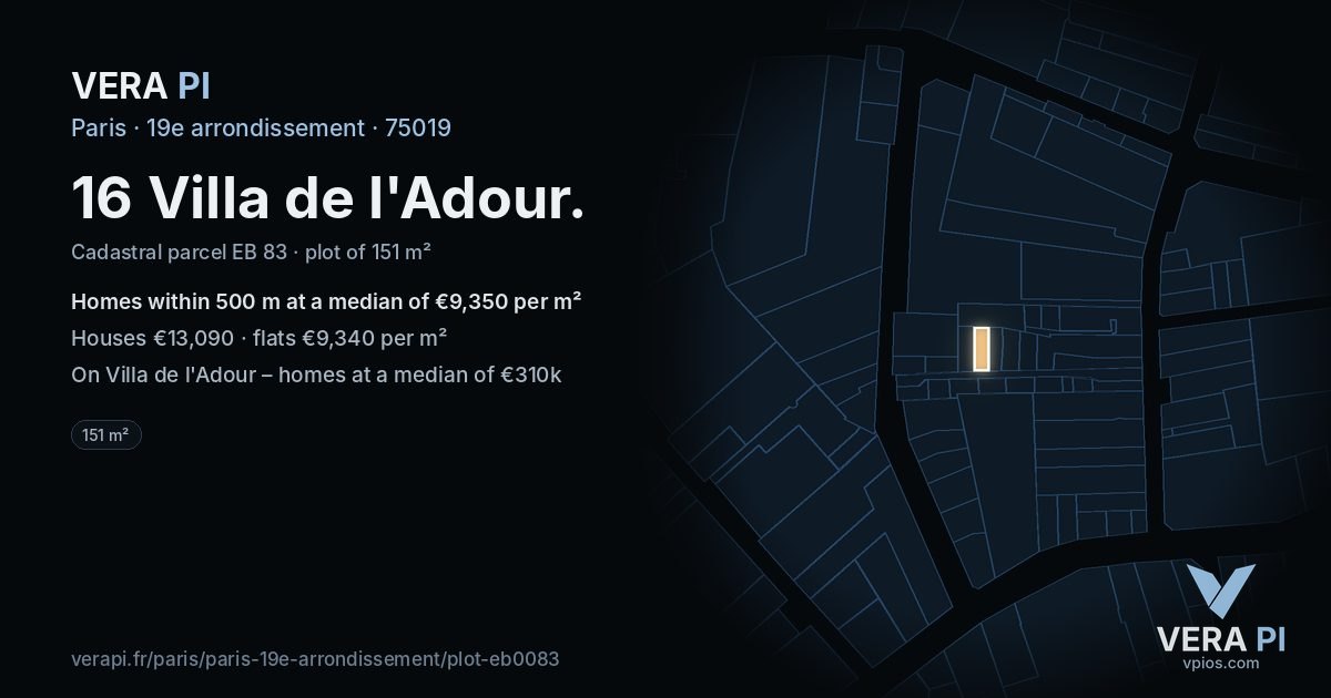 16 Villa de l'Adour, 19e arrondissement at night – the plot lit, the parcels around coloured by the prices near them