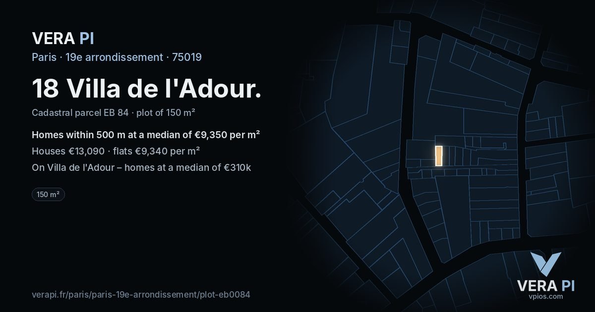 18 Villa de l'Adour, 19e arrondissement at night – the plot lit, the parcels around coloured by the prices near them