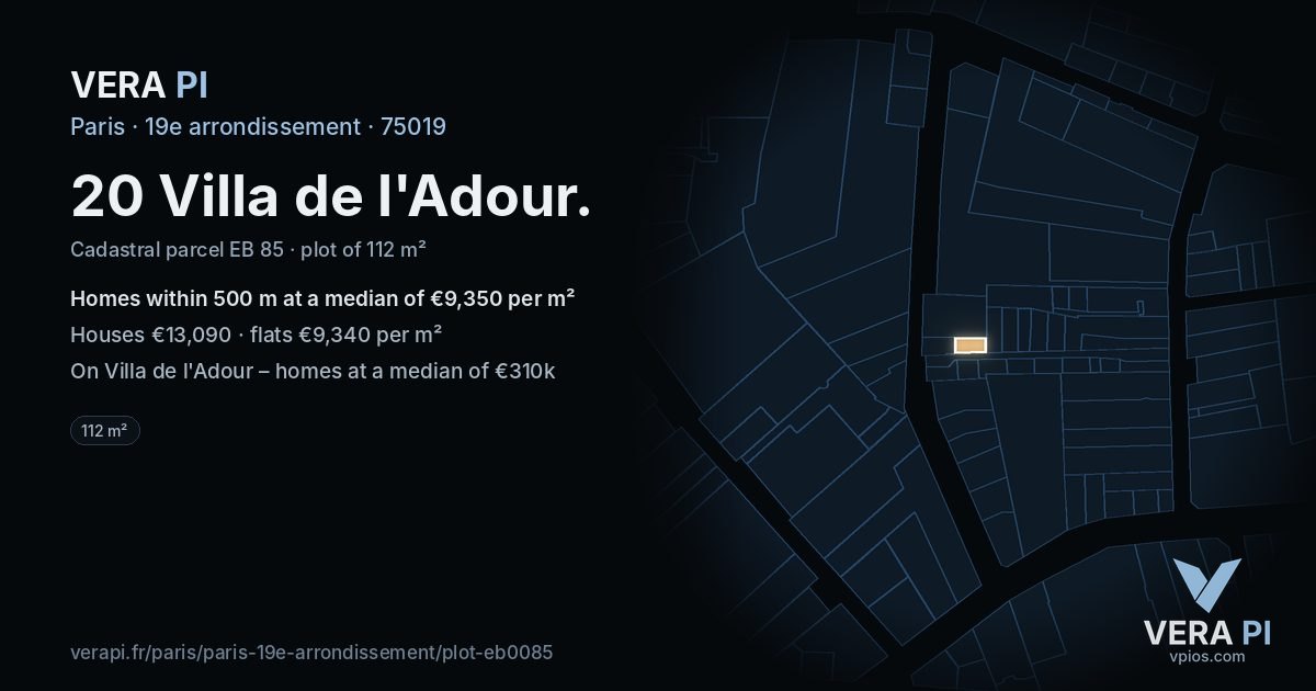 20 Villa de l'Adour, 19e arrondissement at night – the plot lit, the parcels around coloured by the prices near them