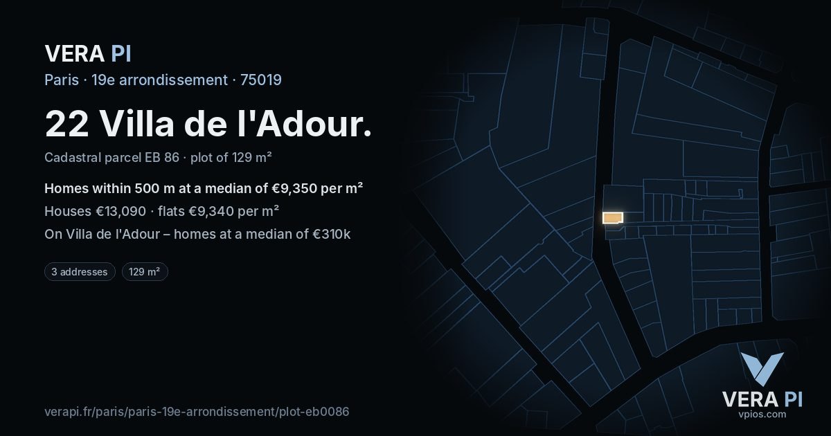 22 Villa de l'Adour, 19e arrondissement at night – the plot lit, the parcels around coloured by the prices near them