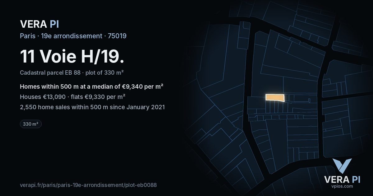 11 Voie H/19, 19e arrondissement at night – the plot lit, the parcels around coloured by the prices near them