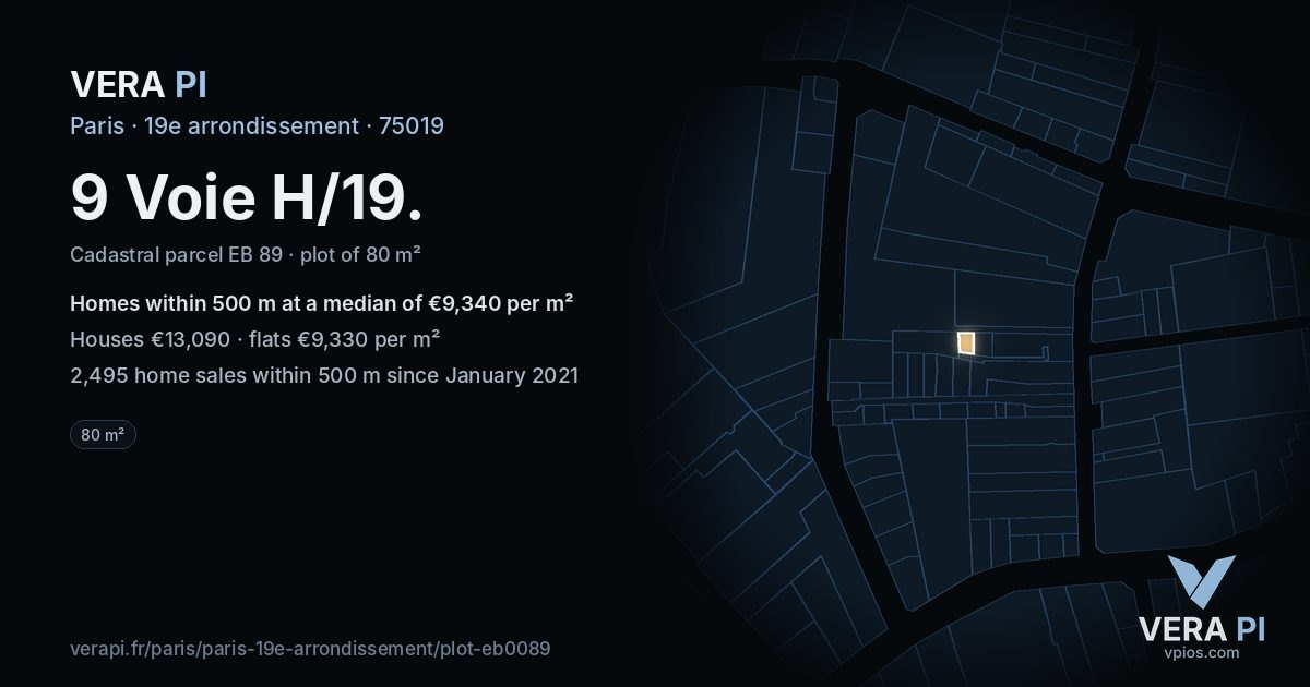9 Voie H/19, 19e arrondissement at night – the plot lit, the parcels around coloured by the prices near them