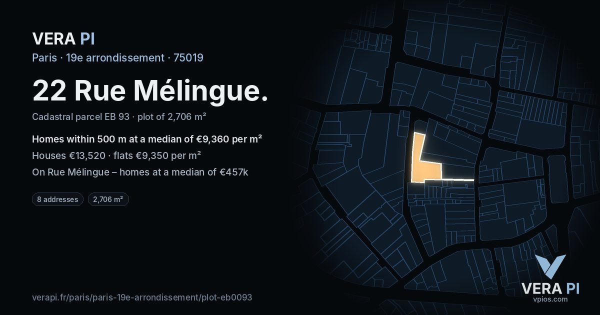 22 Rue Mélingue, 19e arrondissement at night – the plot lit, the parcels around coloured by the prices near them