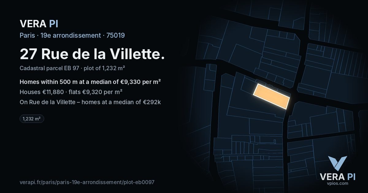 27 Rue de la Villette, 19e arrondissement at night – the plot lit, the parcels around coloured by the prices near them