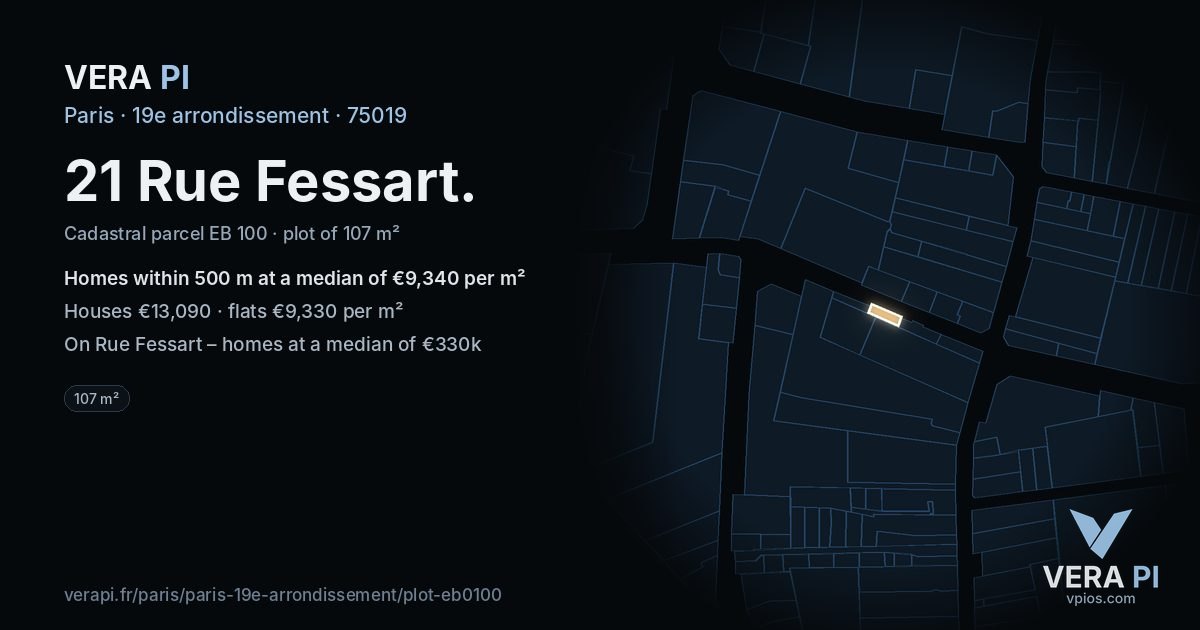 21 Rue Fessart, 19e arrondissement at night – the plot lit, the parcels around coloured by the prices near them