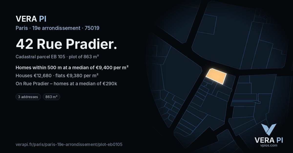 42 Rue Pradier, 19e arrondissement at night – the plot lit, the parcels around coloured by the prices near them