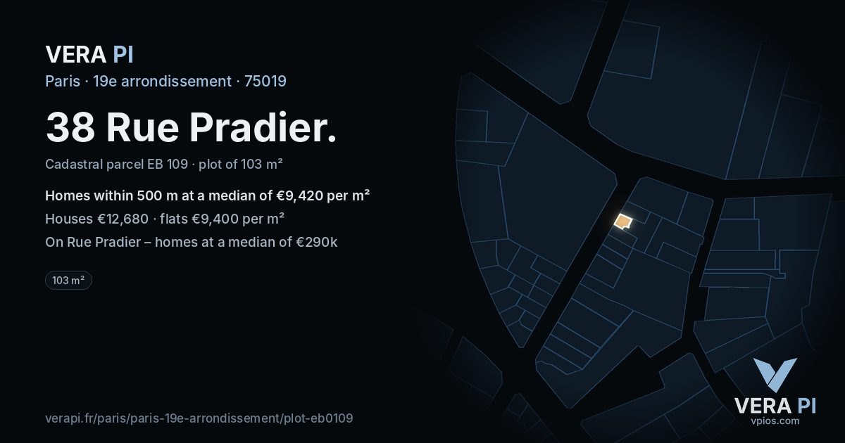 38 Rue Pradier, 19e arrondissement at night – the plot lit, the parcels around coloured by the prices near them