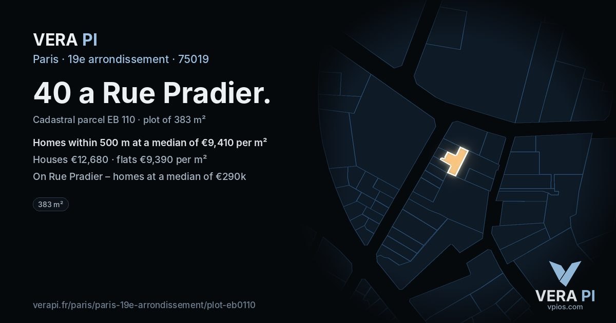 40 a Rue Pradier, 19e arrondissement at night – the plot lit, the parcels around coloured by the prices near them