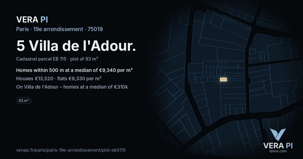 5 Villa de l'Adour, 19e arrondissement at night – the plot lit, the parcels around coloured by the prices near them