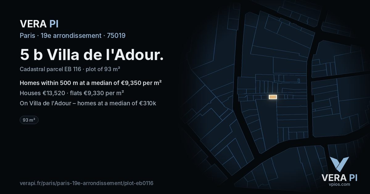 5 b Villa de l'Adour, 19e arrondissement at night – the plot lit, the parcels around coloured by the prices near them