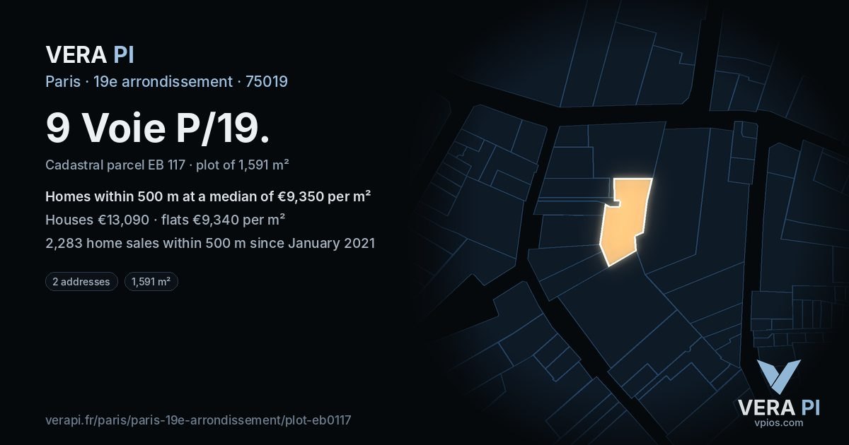 9 Voie P/19, 19e arrondissement at night – the plot lit, the parcels around coloured by the prices near them