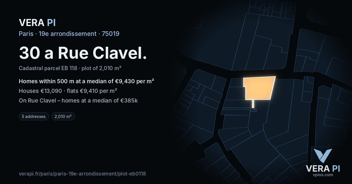 30 a Rue Clavel, 19e arrondissement at night – the plot lit, the parcels around coloured by the prices near them