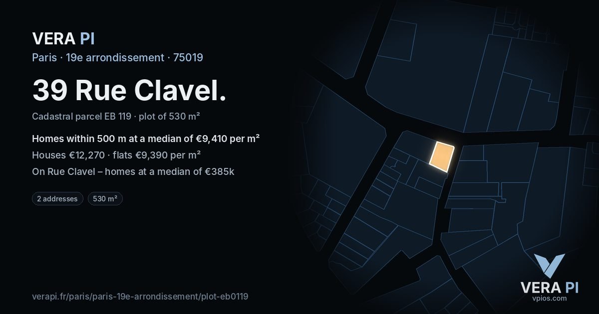 39 Rue Clavel, 19e arrondissement at night – the plot lit, the parcels around coloured by the prices near them