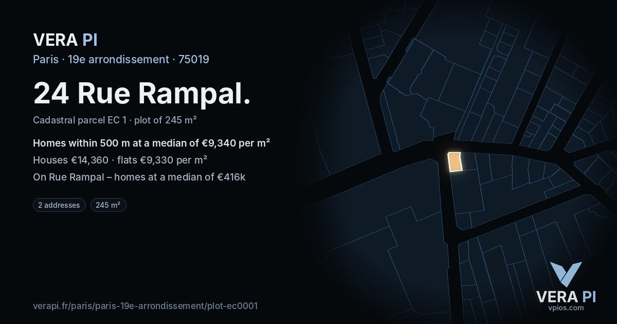 24 Rue Rampal, 19e arrondissement at night – the plot lit, the parcels around coloured by the prices near them